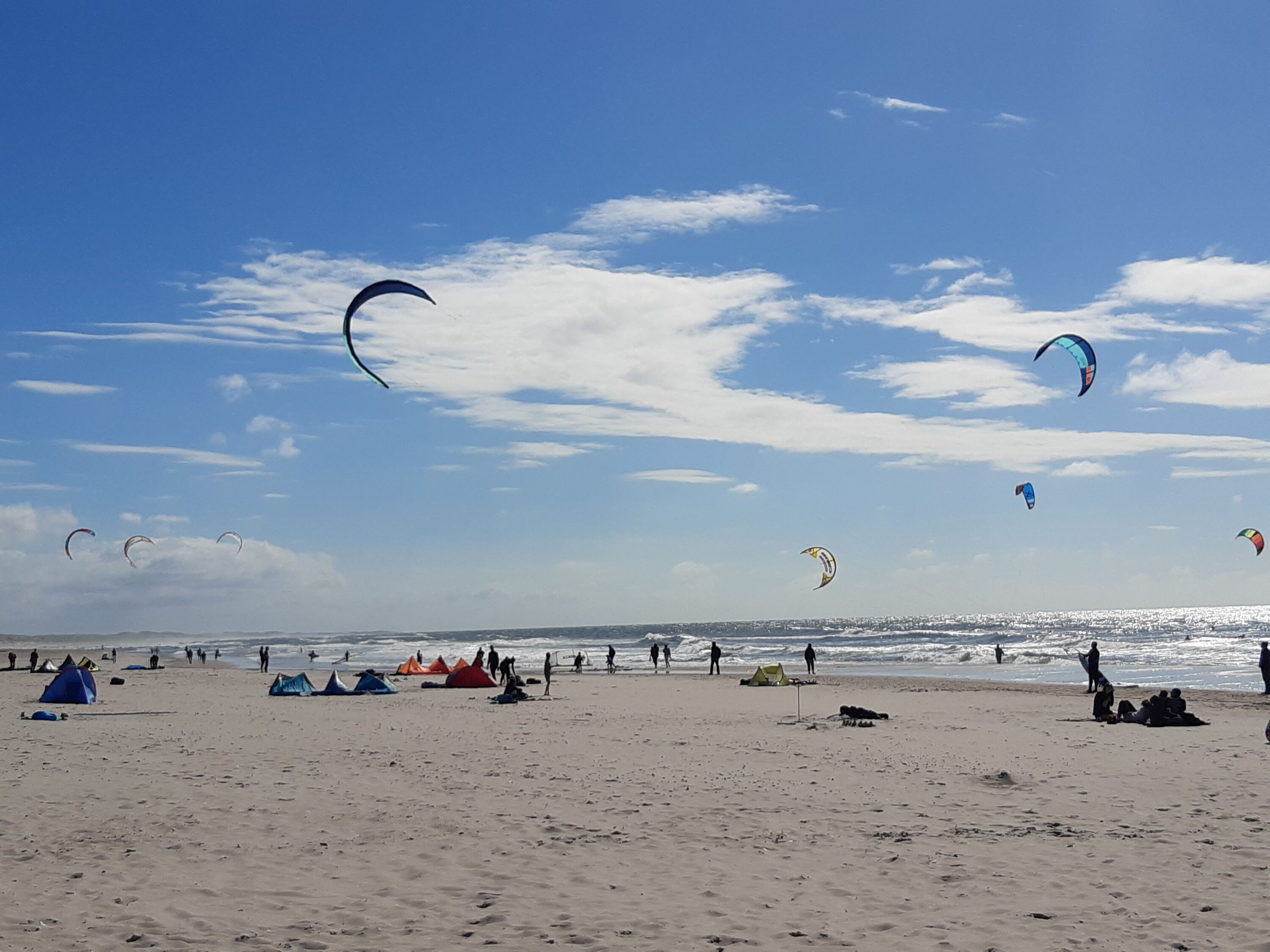 Kites og kitesurfere på stranden